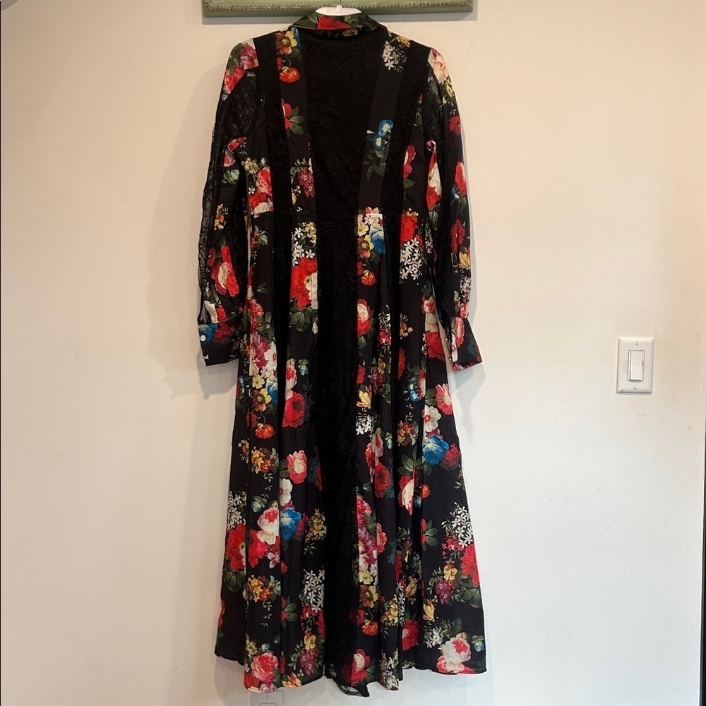 Dalia MacPhee long sleeve black lace dark red floral romantic maxi dress medium - Picture 7 of 7